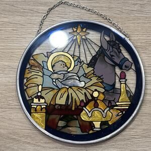 Joan Baker Nativity Scene Jesus Suncatcher Window Art Hand Painted Glass 1994